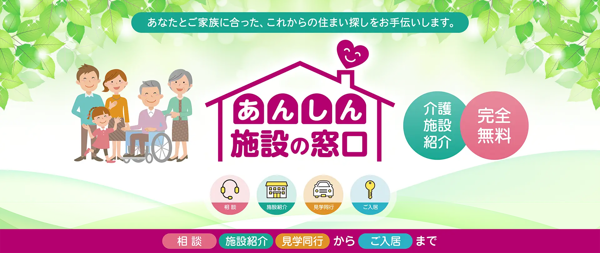 永田屋の介護施設紹介「あんしん施設の窓口」。相談からご入居まで完全無料でサポート