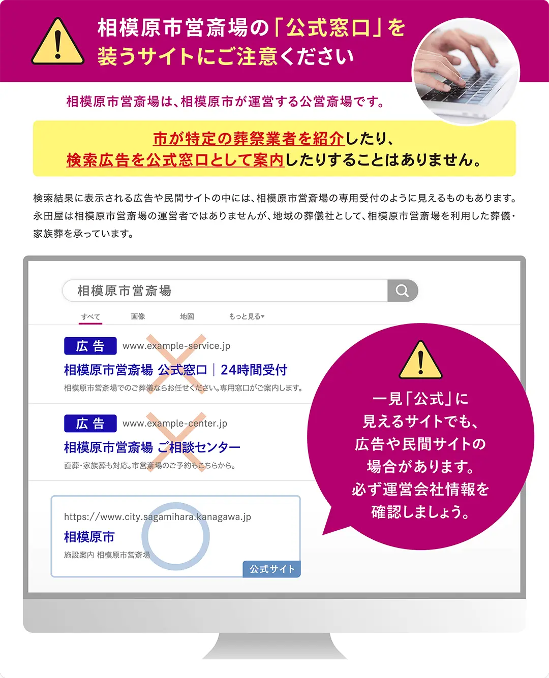 相模原市営斎場の公式サイトと、公式窓口のように見える広告・民間サイトを見分けるための検索イメージ