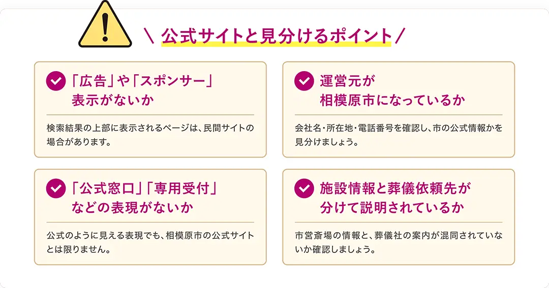 相模原市営斎場の公式サイトと民間サイトを見分けるポイント。広告表示、運営元、公式窓口などの表現、施設情報と葬儀依頼先の区別を確認