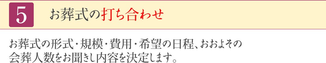 お葬式の形式・規模・費用・希望の日程、おおよその会葬人数をお聞きし内容を決定します お葬式の打ち合わせ